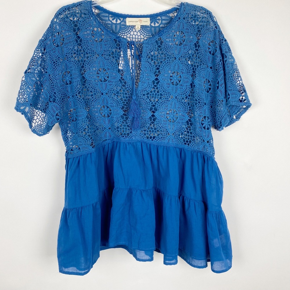 Penelope‎ Rose Crochet Lace Tiered Babydoll Top Womens Medium Blue New